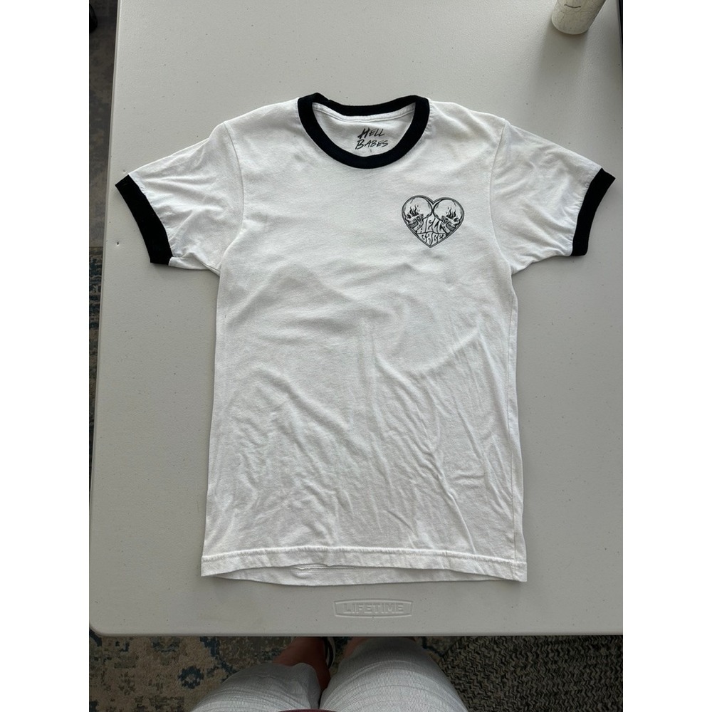Hell Babes Womens S White Black Ringer Tee Skeleton Pentagram Graphic T-Shirt